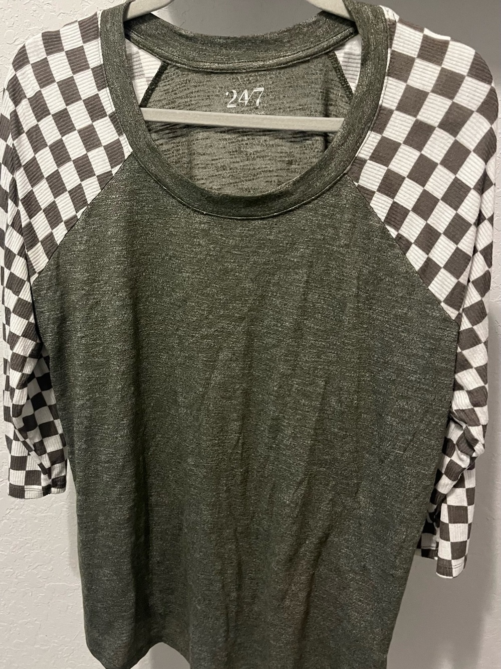 47 Olive Green Raglan Tee with Black-and-White Checkered Sleeves